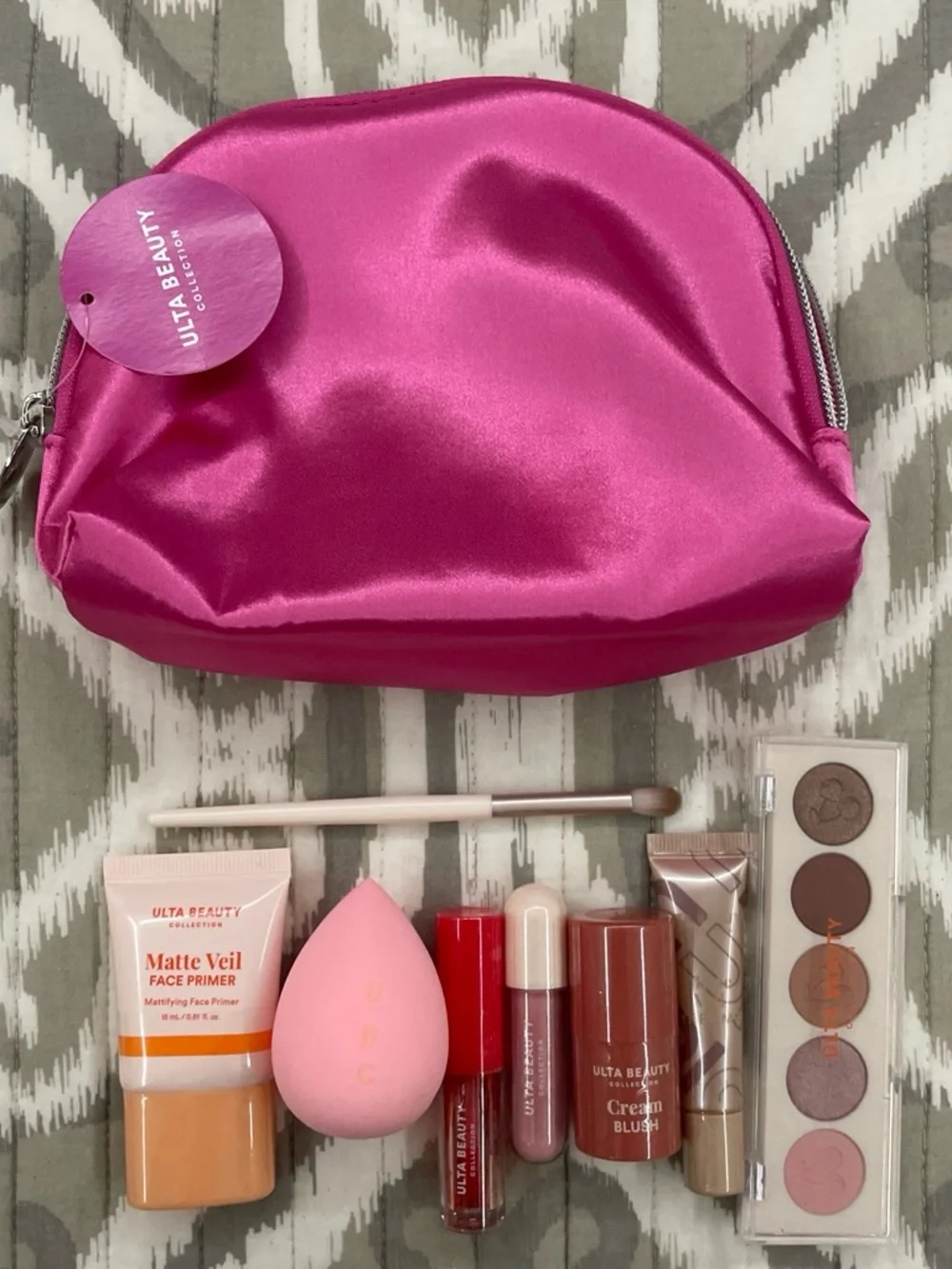 Ulta Beauty Hot Pink Satin Makeup Bag with Pink Primer & Lip Set